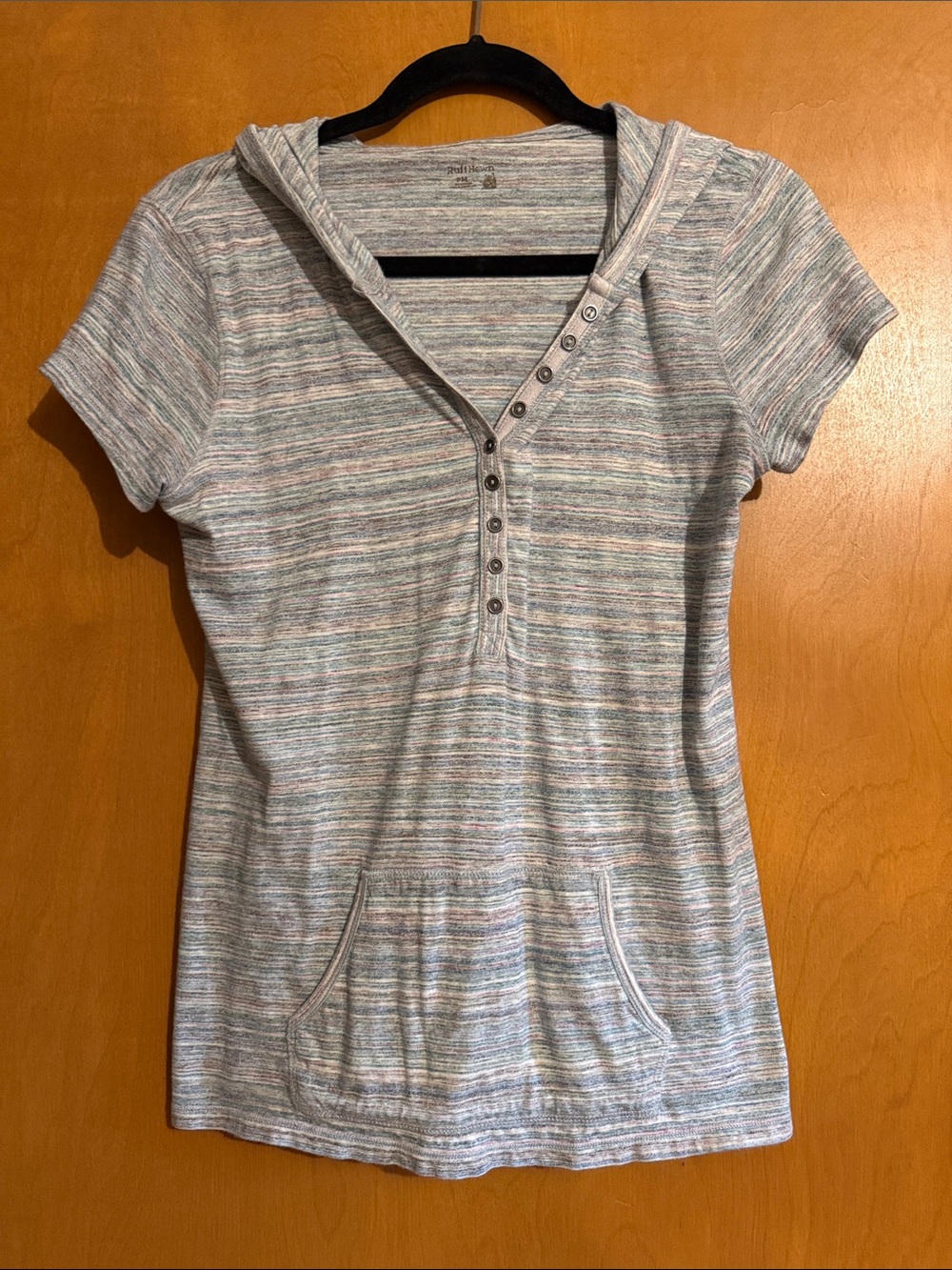 Ruff Hewn Short-Sleeve Striped Hooded Henley - Heather Gray with Pastel Stripes